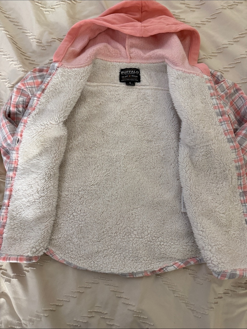 Buffalo Dave Bitton Kids Pink and Grey Plaid Hooded Button-Up Sherpa Shacket - Picture 4 of 7